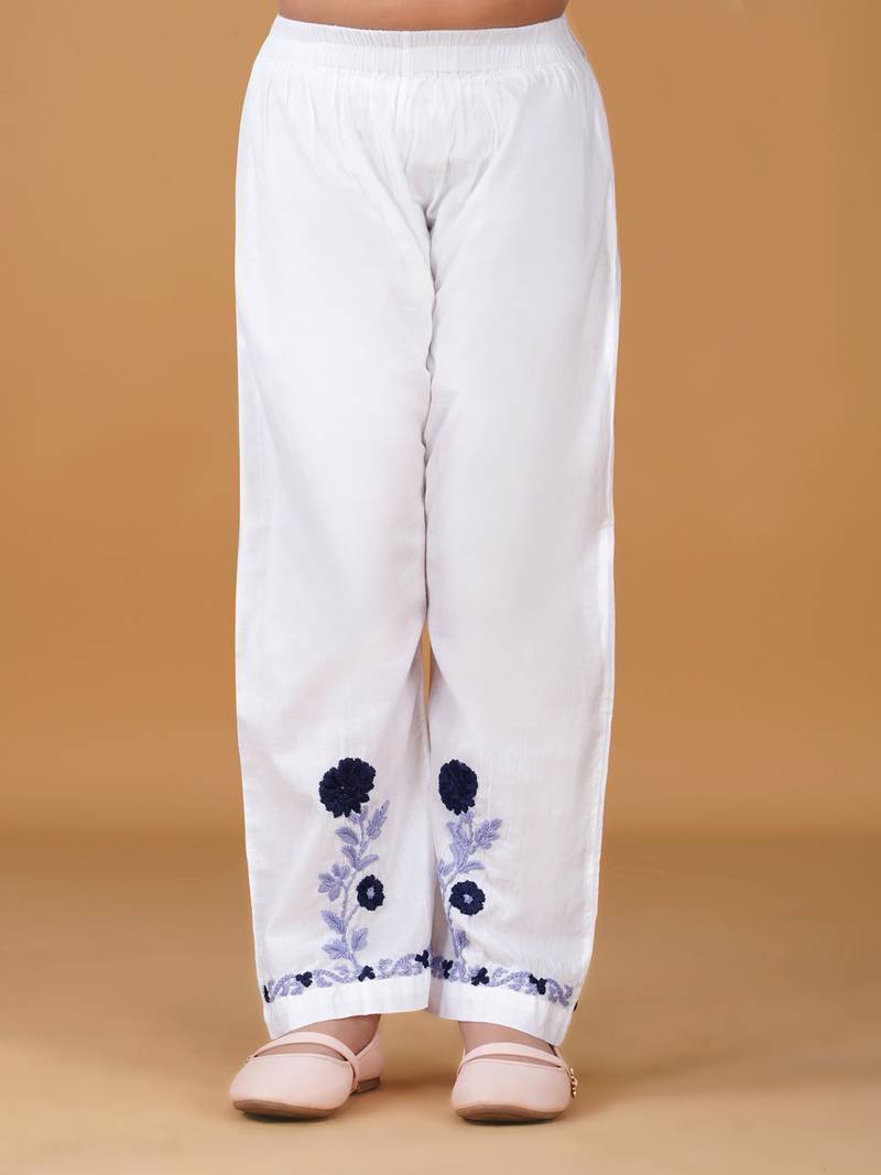 Girls white floral embroidered chikankari pure cotton tie-up kurti & palazzo set for kids