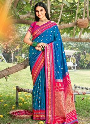Royal blue & rani pink banarasi silk blend saree with zari woven border 1