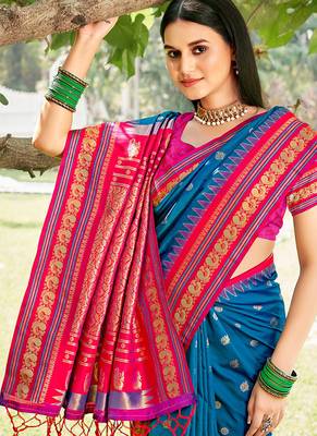 Royal blue & rani pink banarasi silk blend saree with zari woven border 2