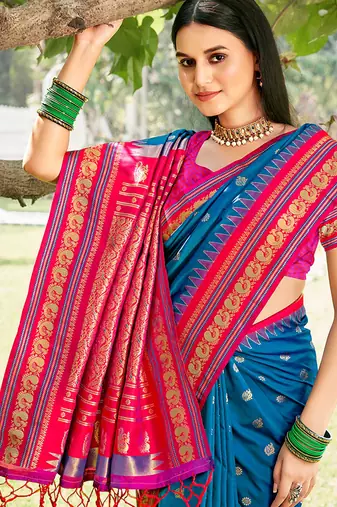 Royal blue & rani pink banarasi silk blend saree with zari woven border