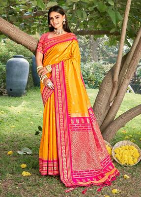 Mustard & rani pink banarasi silk blend saree with zari woven border 1