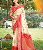 Off white & red banarasi silk blend saree with zari woven border