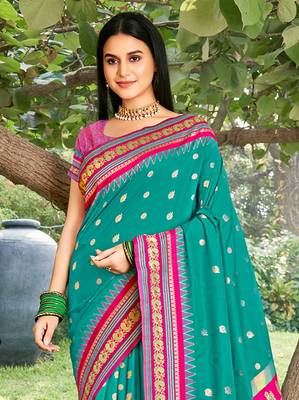 Teal & rani pink banarasi silk blend saree with zari woven border 2
