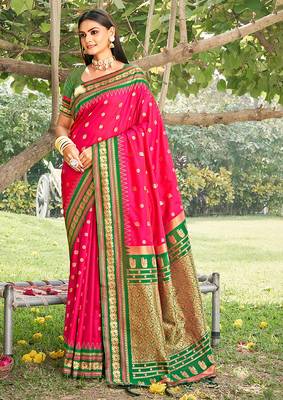 Rani pink & green banarasi silk blend saree with zari woven border 1