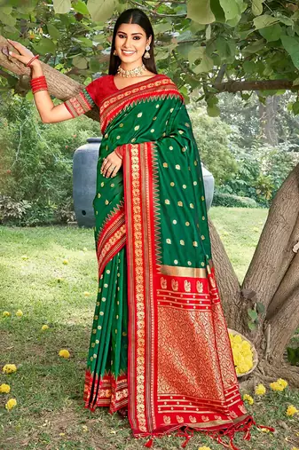 Dark green & red banarasi silk blend saree with zari woven border