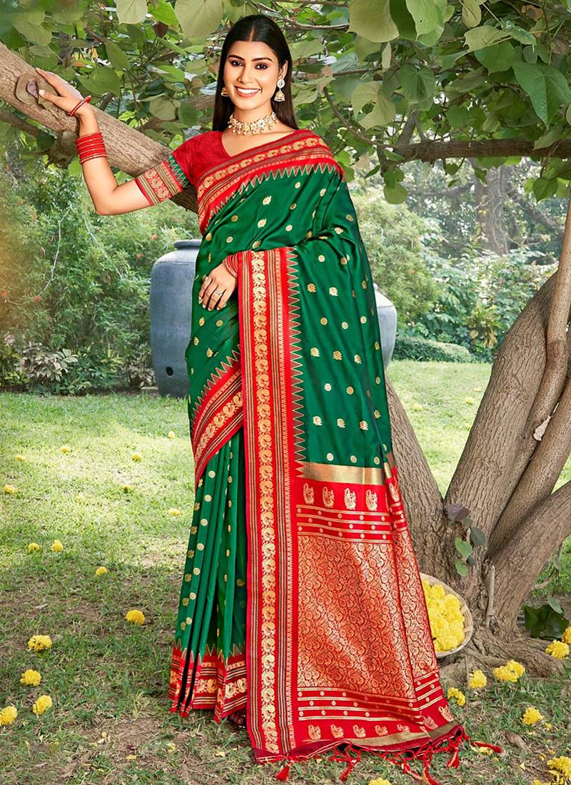 Dark green & red banarasi silk blend saree with zari woven border