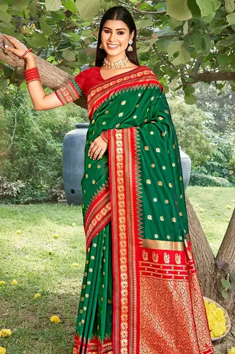 Dark green & red banarasi silk blend saree with zari woven border