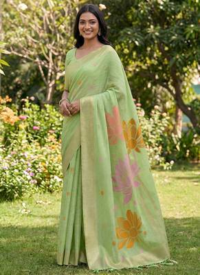 Pastel green linen cotton blend saree with floral woven pallu & zari border 1