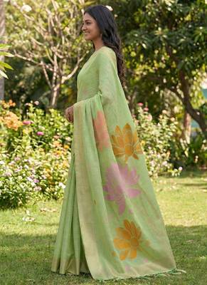 Pastel green linen cotton blend saree with floral woven pallu & zari border 3