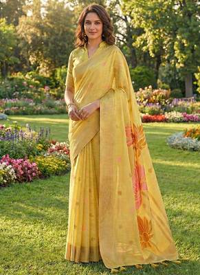 Pastel yellow linen cotton blend saree with floral woven pallu & zari border 1