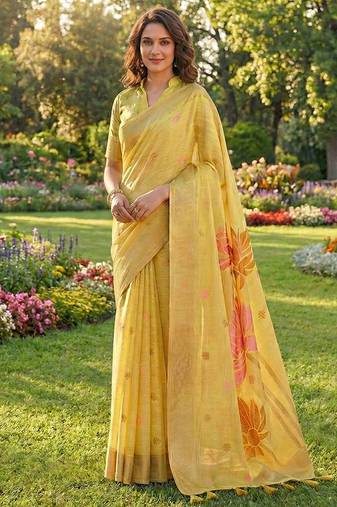 Pastel yellow linen cotton blend saree with floral woven pallu & zari border