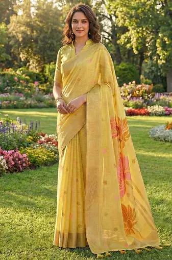 Pastel yellow linen cotton blend saree with floral woven pallu & zari border