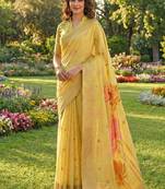 Pastel yellow linen cotton blend saree with floral woven pallu & zari border