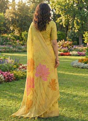 Pastel yellow linen cotton blend saree with floral woven pallu & zari border 2