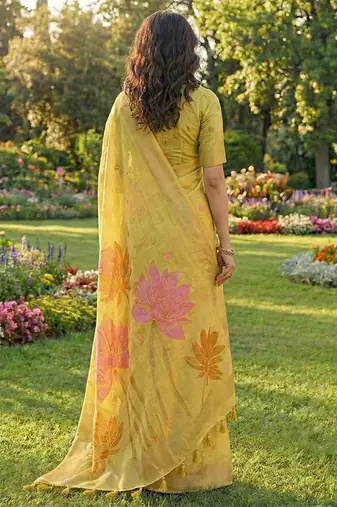 Pastel yellow linen cotton blend saree with floral woven pallu & zari border