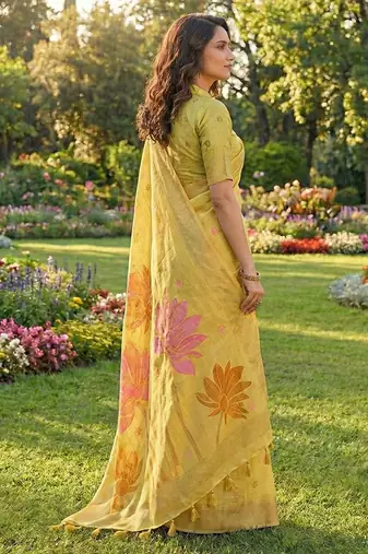 Pastel yellow linen cotton blend saree with floral woven pallu & zari border