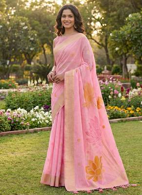 Light pink linen cotton blend saree with floral woven pallu & zari border 1