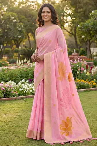 Light pink linen cotton blend saree with floral woven pallu & zari border