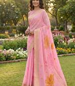 Light pink linen cotton blend saree with floral woven pallu & zari border