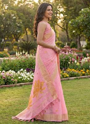 Light pink linen cotton blend saree with floral woven pallu & zari border 2