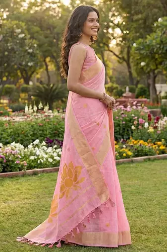 Light pink linen cotton blend saree with floral woven pallu & zari border
