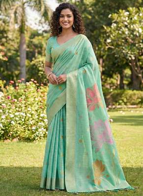 Sea green linen cotton blend saree with floral woven pallu & zari border 1