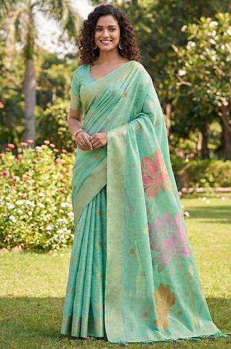 Sea green linen cotton blend saree with floral woven pallu & zari border