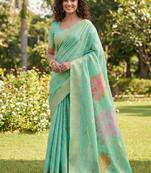 Sea green linen cotton blend saree with floral woven pallu & zari border