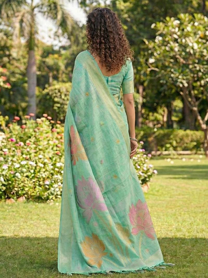 Sea green linen cotton blend saree with floral woven pallu & zari border