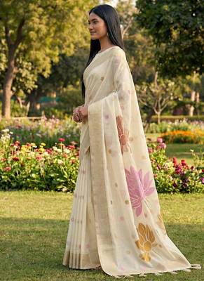 Off white linen cotton blend saree with floral woven pallu & zari border 1