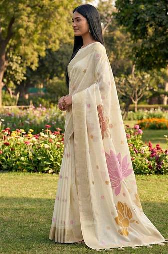 Off white linen cotton blend saree with floral woven pallu & zari border