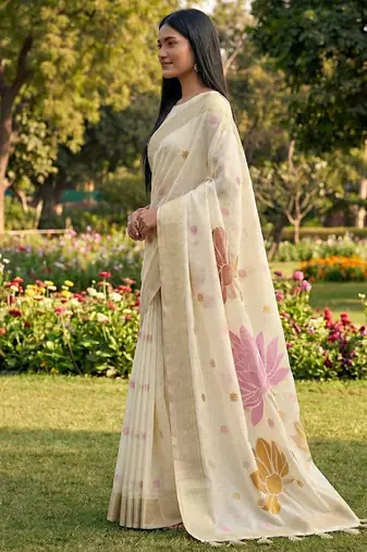 Off white linen cotton blend saree with floral woven pallu & zari border