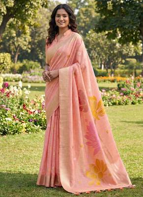 Peach linen cotton blend saree with floral woven pallu & zari border 1