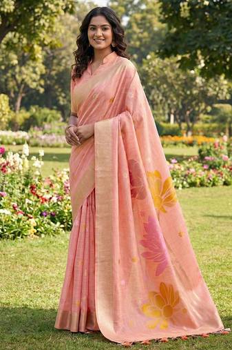 Peach linen cotton blend saree with floral woven pallu & zari border