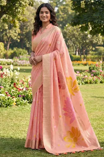 Peach linen cotton blend saree with floral woven pallu & zari border