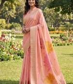 Peach linen cotton blend saree with floral woven pallu & zari border