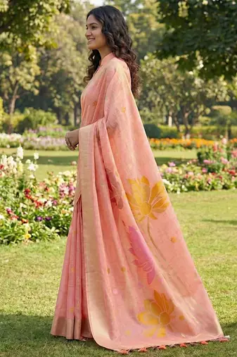 Peach linen cotton blend saree with floral woven pallu & zari border