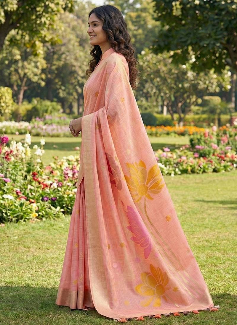 Peach linen cotton blend saree with floral woven pallu & zari border