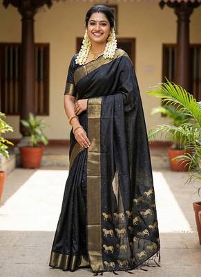 Black silk blend saree with silver zari horse motif 1