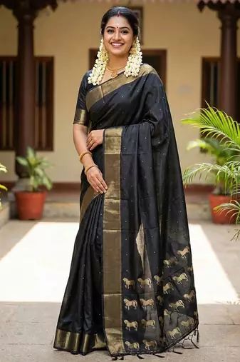 Black silk blend saree with silver zari horse motif
