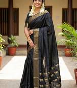 Black silk blend saree with silver zari horse motif