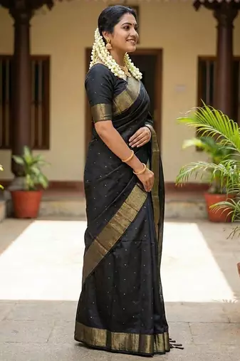 Black silk blend saree with silver zari horse motif