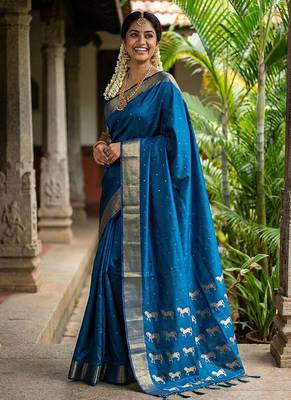 Royal blue silk blend saree with silver zari horse motif 1