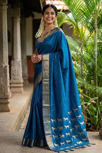 Royal blue silk blend saree with silver zari horse motif