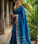 Royal blue silk blend saree with silver zari horse motif