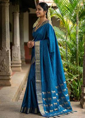 Royal blue silk blend saree with silver zari horse motif 2
