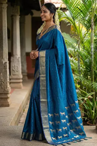 Royal blue silk blend saree with silver zari horse motif