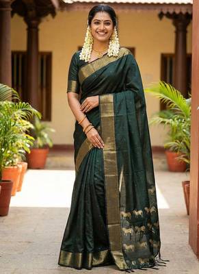 Dark green silk blend saree with silver zari horse motif 1