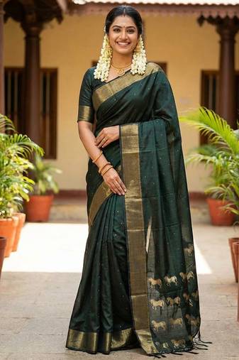 Dark green silk blend saree with silver zari horse motif