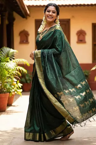 Dark green silk blend saree with silver zari horse motif